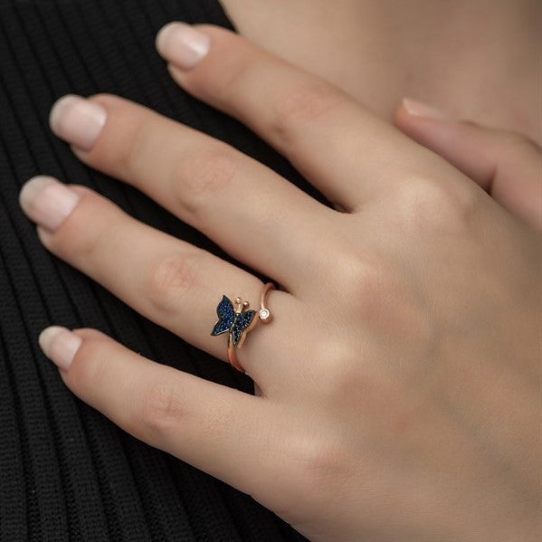 925 Sterling Adjustable Blue Butterfly Ring