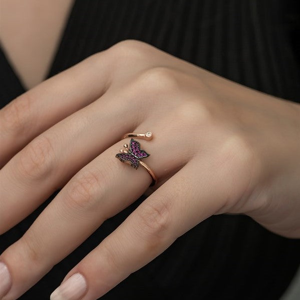 925 Sterling Adjustable Pink Butterfly Ring