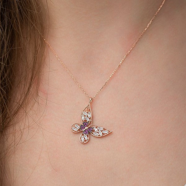 925 Sterling Silver Baguette Stone Butterfly Necklace
