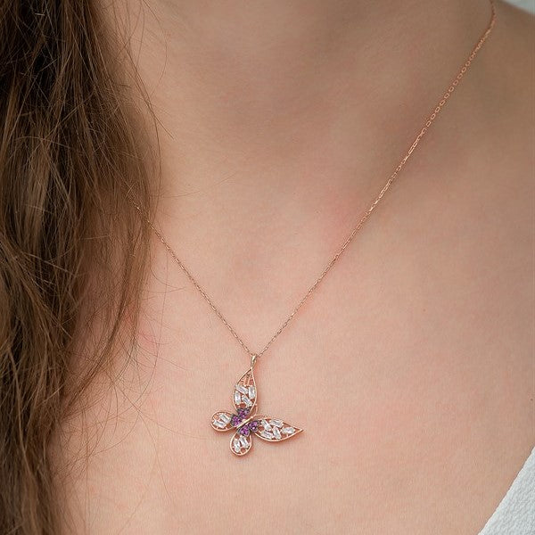 925 Sterling Silver Baguette Stone Butterfly Necklace