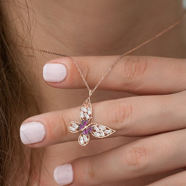 925 Sterling Silver Baguette Stone Butterfly Necklace