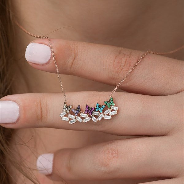 925 Sterling Silver Baguette Stone Colorful Butterfly Necklace