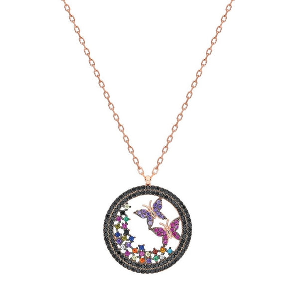 925 Sterling Silver Black Flying Butterflies Necklace