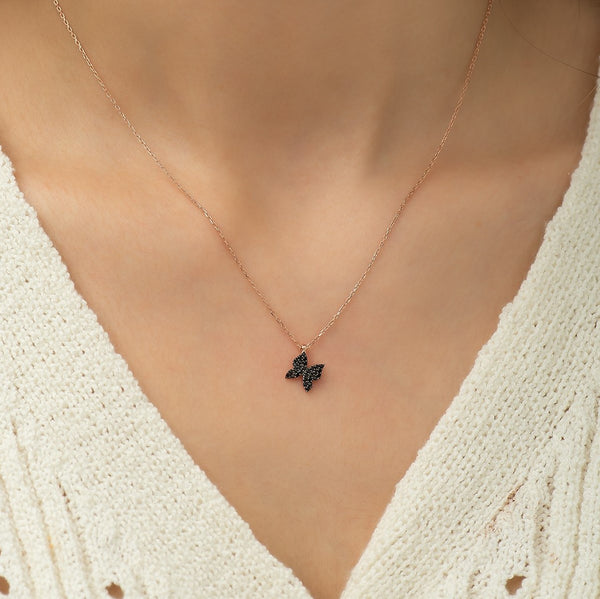 925 Sterling Silver Black Tiny Butterfly Necklace
