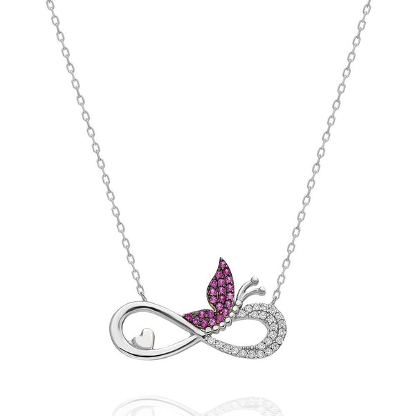 925 Sterling Silver Infinity Pink Butterfly Necklace