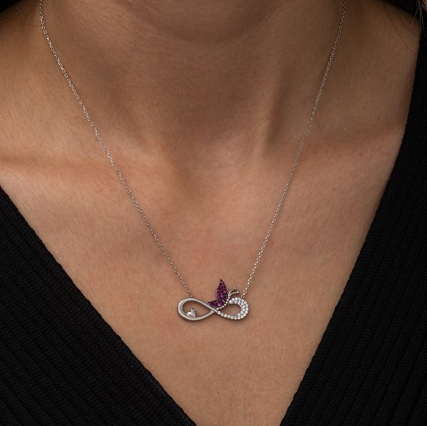 925 Sterling Silver Infinity Pink Butterfly Necklace