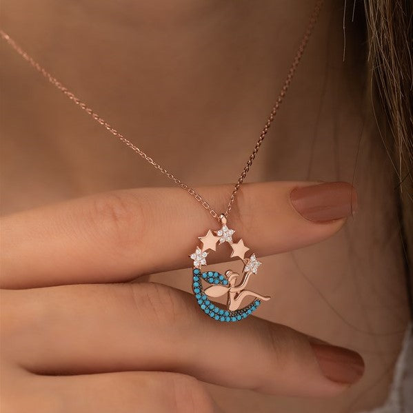 925 Sterling Moon Star Fairy Woman Sterling Silver Necklace