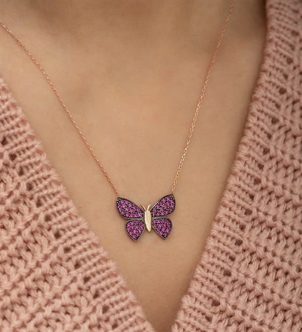 925 Sterling Silver Pink Butterfly Necklace