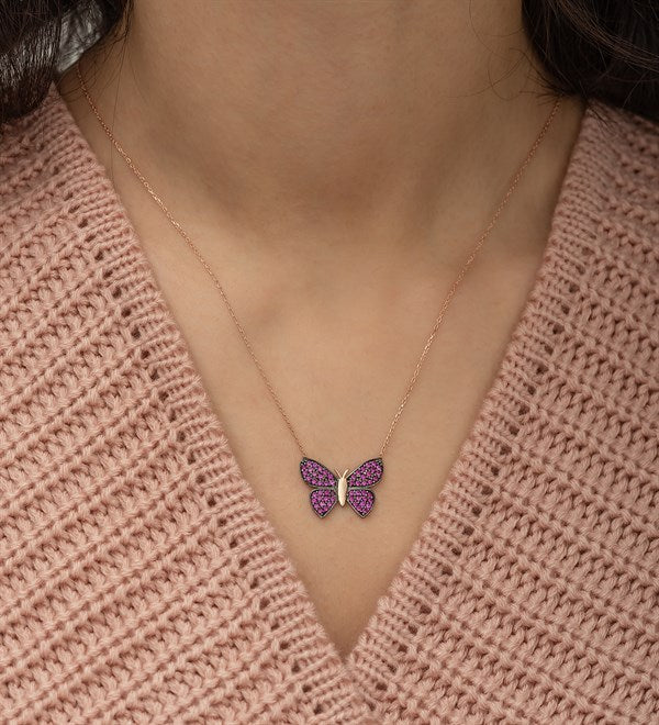 925 Sterling Silver Pink Butterfly Necklace