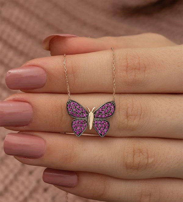 925 Sterling Silver Pink Butterfly Necklace