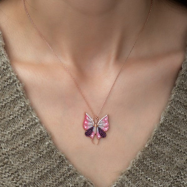 925 Sterling Silver Pink Butterfly Necklace
