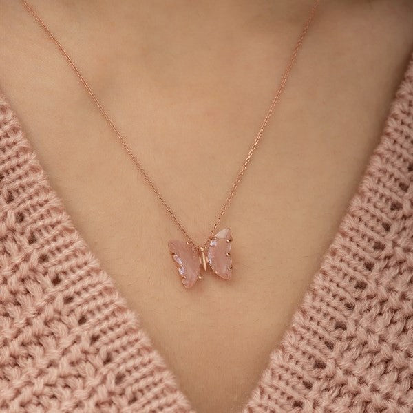 925 Sterling Silver Pink Stone Butterfly Necklace