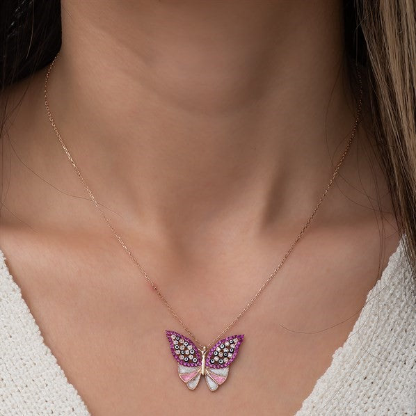 925 Sterling Silver Pink Stone Butterfly Necklace