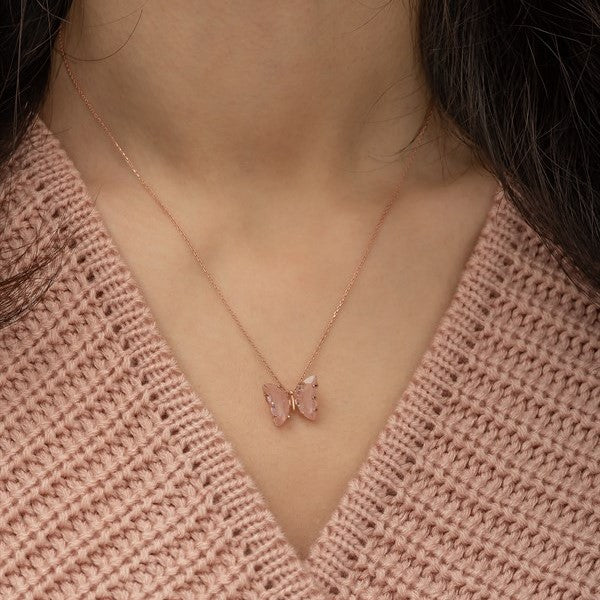 925 Sterling Silver Pink Stone Butterfly Necklace