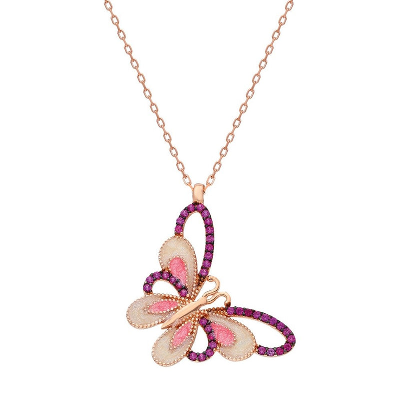 925 Sterling Silver Pink Stone Butterfly Necklace