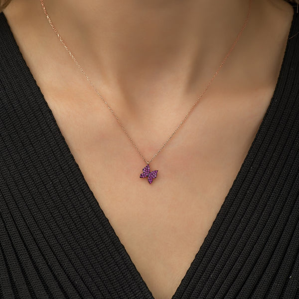 925 Sterling Silver Pink Tiny Butterfly Necklace