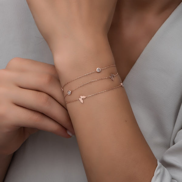 925 Sterling Silver 3 Rows Zircon Stone Butterfly Bracelet