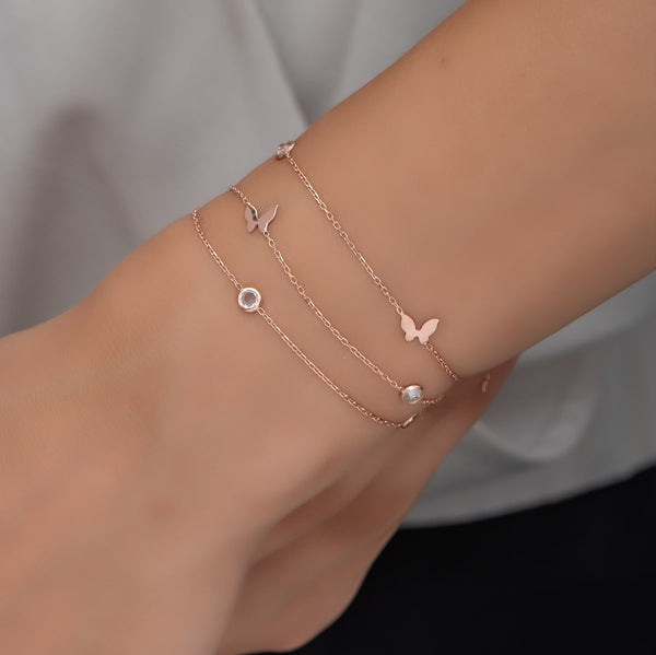 925 Sterling Silver 3 Rows Zircon Stone Butterfly Bracelet