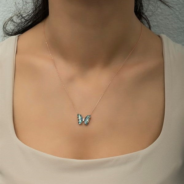 925 Sterling Silver Aquamarine Butterfly Necklace