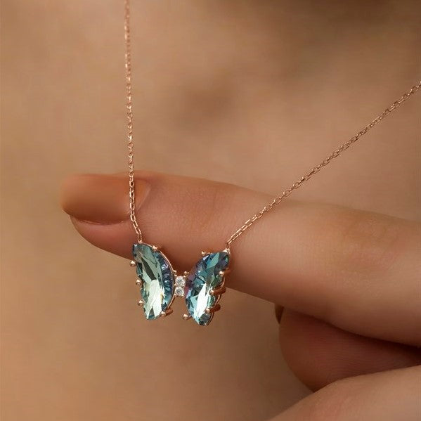 925 Sterling Silver Aquamarine Butterfly Necklace