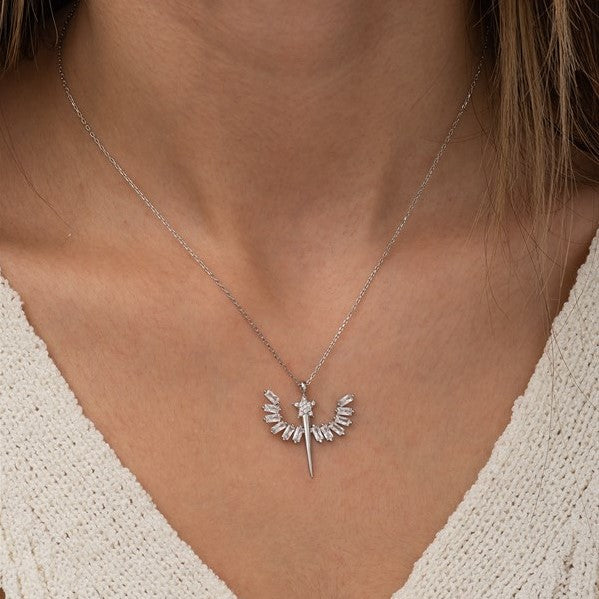 925 Sterling Silver Baguette Stone Angel Necklace Women Sterling Silver Necklace