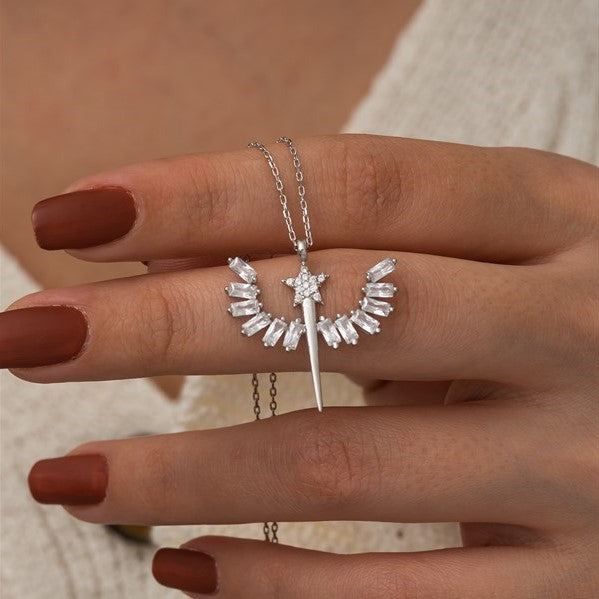 925 Sterling Silver Baguette Stone Angel Necklace Women Sterling Silver Necklace