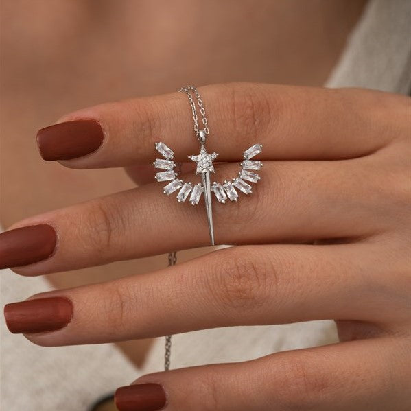 925 Sterling Silver Baguette Stone Angel Necklace Women Sterling Silver Necklace