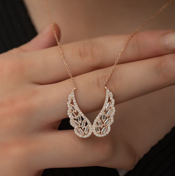 925 Sterling Silver Baguette Stone Angel Wing Necklace Women Sterling Silver Necklace
