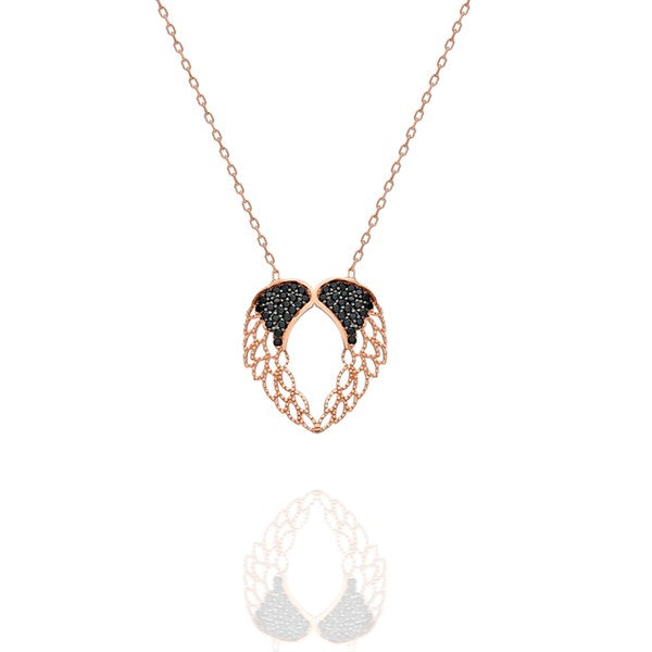 925 Sterling Silver Black Stone Angel Wing Necklace