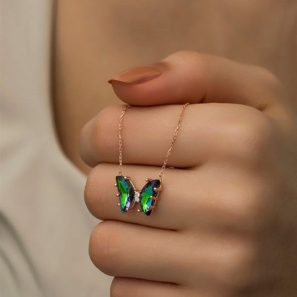 925 Sterling Silver Butterfly Necklace with Mystic Topaz Stone