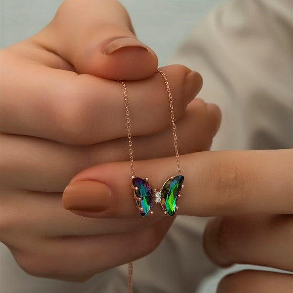 925 Sterling Silver Butterfly Necklace with Mystic Topaz Stone
