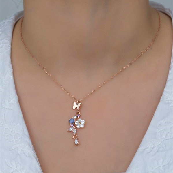 925 Sterling Silver Butterfly Spring Flower Magnolia Necklace