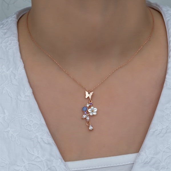925 Sterling Silver Butterfly Spring Flower Magnolia Necklace