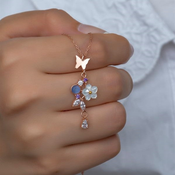 925 Sterling Silver Butterfly Spring Flower Magnolia Necklace
