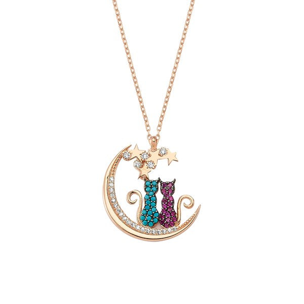 925 Sterling Silver Couple Cat Woman Sitting On The Moon Sterling Silver Necklace