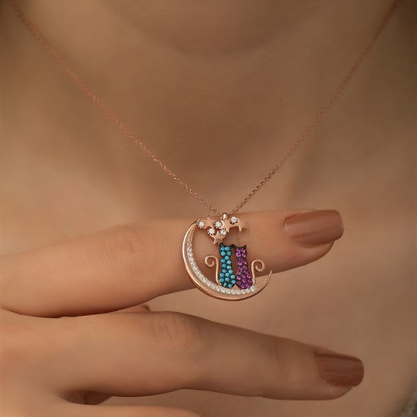 925 Sterling Silver Couple Cat Woman Sitting On The Moon Sterling Silver Necklace