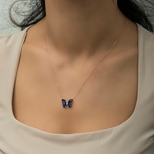 925 Sterling Silver Navy Blue Zircon Stone Butterfly Necklace