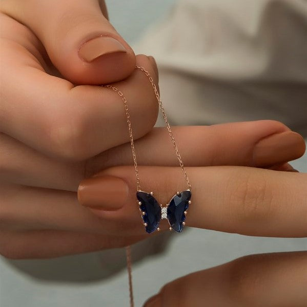 925 Sterling Silver Navy Blue Zircon Stone Butterfly Necklace