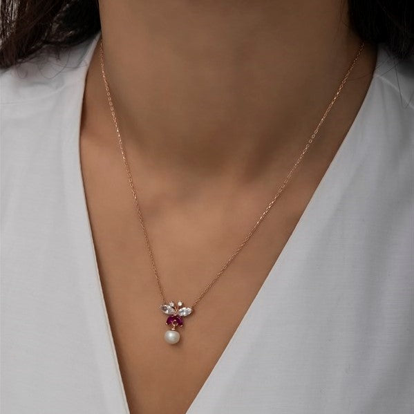 925 Sterling Silver Pearl Detail Butterfly Necklace