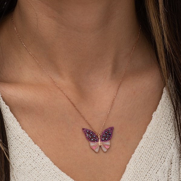 925 Sterling Silver Pink Butterfly Necklace