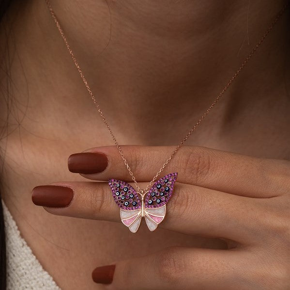 925 Sterling Silver Pink Butterfly Necklace