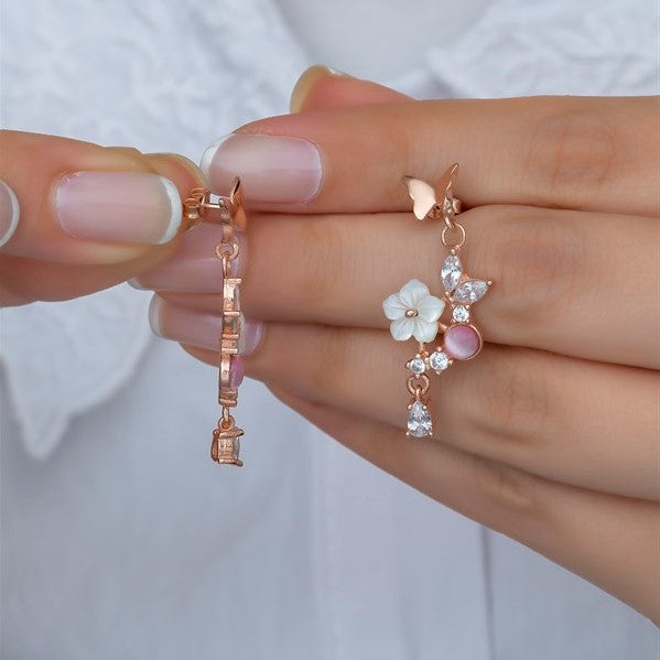 925 Sterling Silver Pink Stone Butterfly Magnolia Flower Earrings