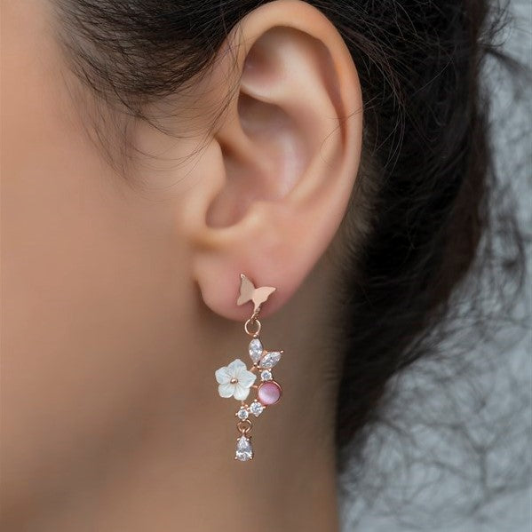 925 Sterling Silver Pink Stone Butterfly Magnolia Flower Earrings