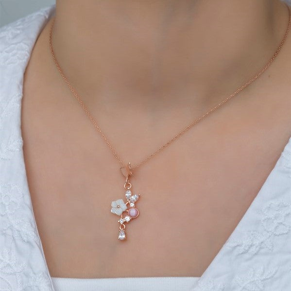 925 Sterling Silver Pink Butterfly Magnolia Flower Necklace