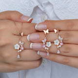 925 Sterling Silver Pink  Butterfly Necklace and Earrings Set