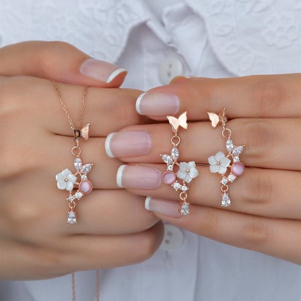 925 Sterling Silver Pink  Butterfly Necklace and Earrings Set