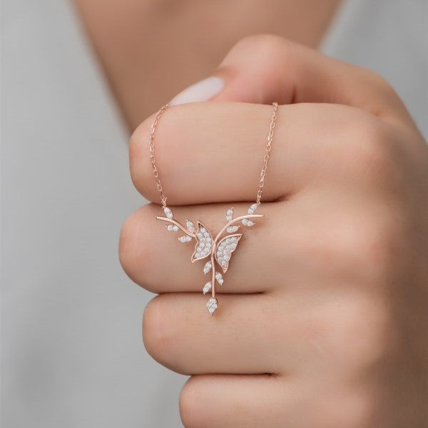 925 Sterling Silver Rose Butterfly Necklace