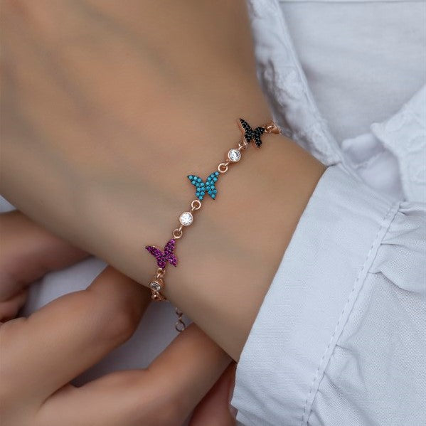 925 Sterling Silver Sequenced Triple Butterfly Bracelet