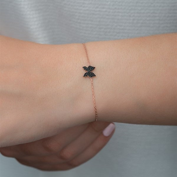 925 Sterling Silver Tiny Black Butterfly Women's Sterling Silver Bracelet