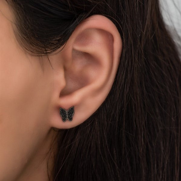 925 Sterling Silver Tiny Black Stone Butterfly Earrings